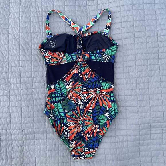 Athleta Hanalei One Piece Swimsuit Multi Color Tropical Mesh Panels Size 32 B/C - Picture 4 of 5